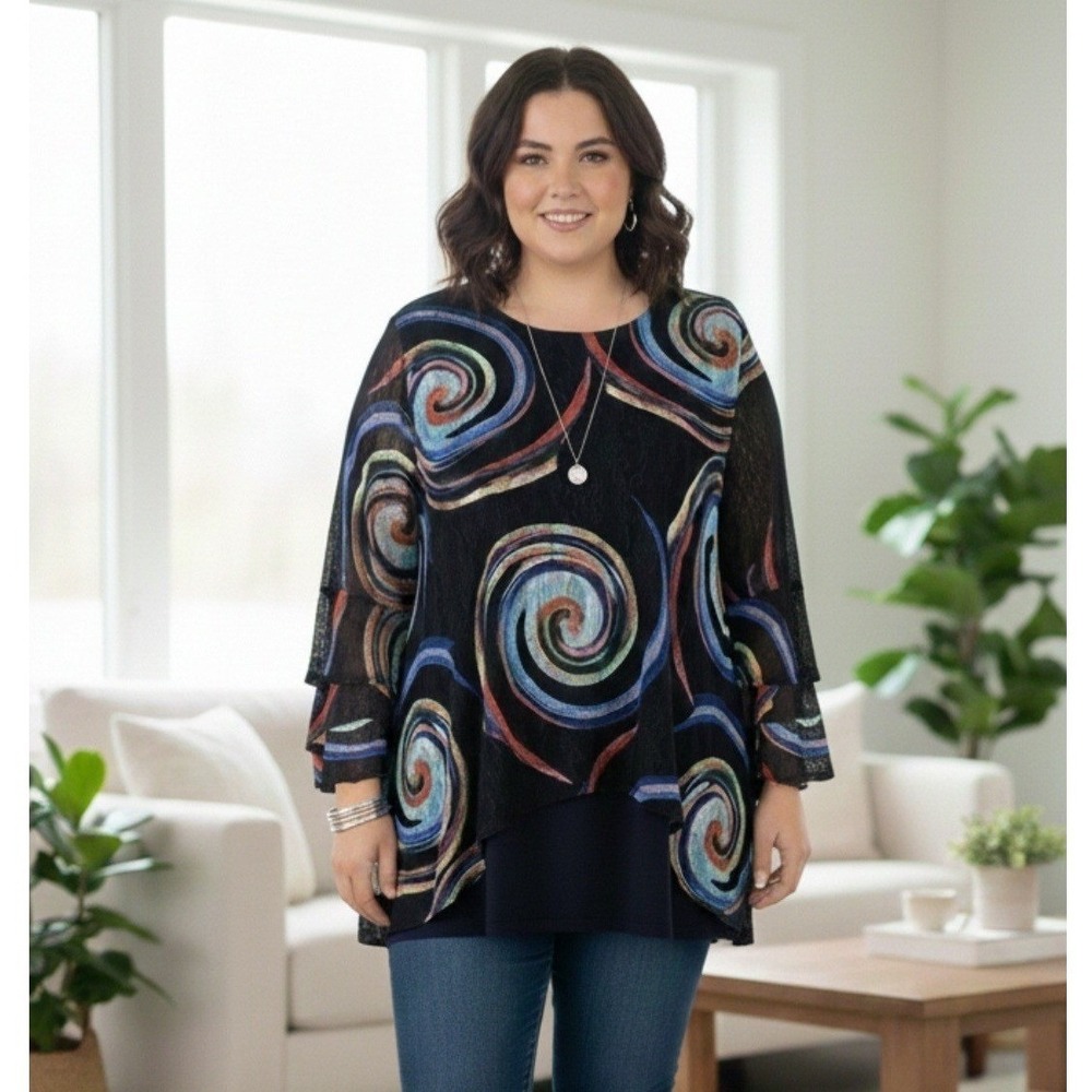 Caleesa Blouse Womens 1X Multi Color Lace Swirl Print‎ Tiered Bell Sleeve Top